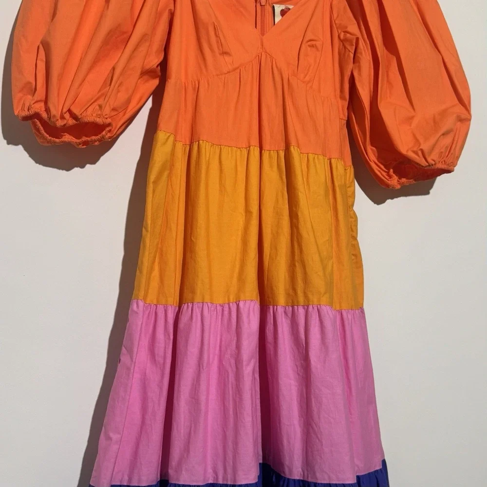 Anthropologie Farm Rio Tiered Colorblocked Maxi Dress Puff Sleeve‎ XS $230 NWT